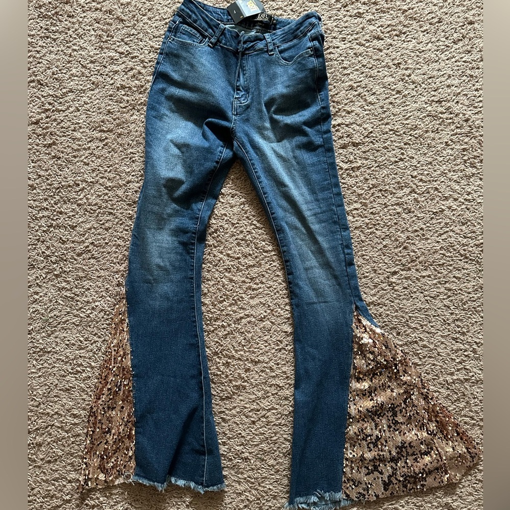 L&B Blue Flare Jeans with Gold Sequin Accents